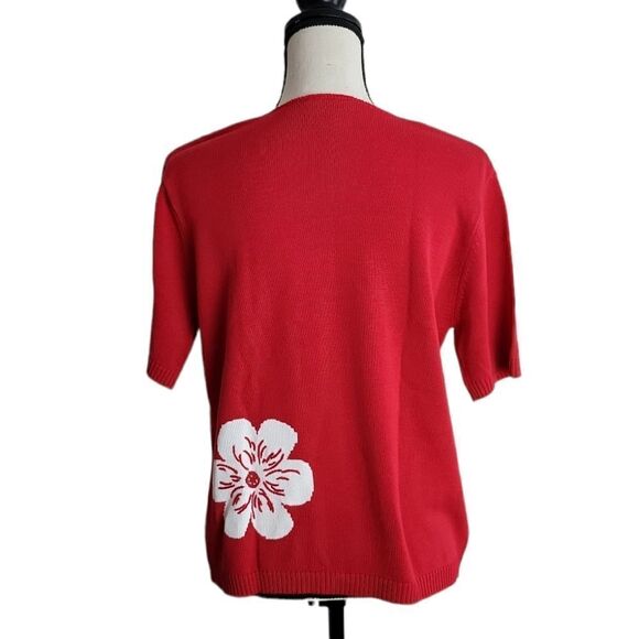 Napa Valley Red Floral Embroidered Short Sleeve Sweater Medium - Picture 3 of 5